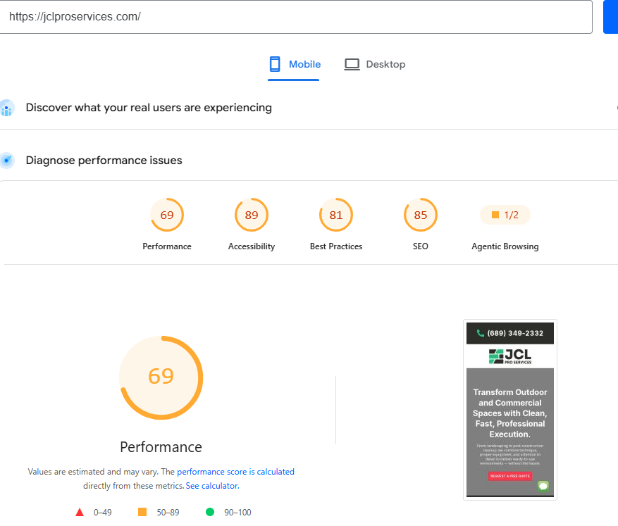 Screenshot PageSpeed Insights di jclproservices.com, sito costruito con Base44: punteggio Performance 69