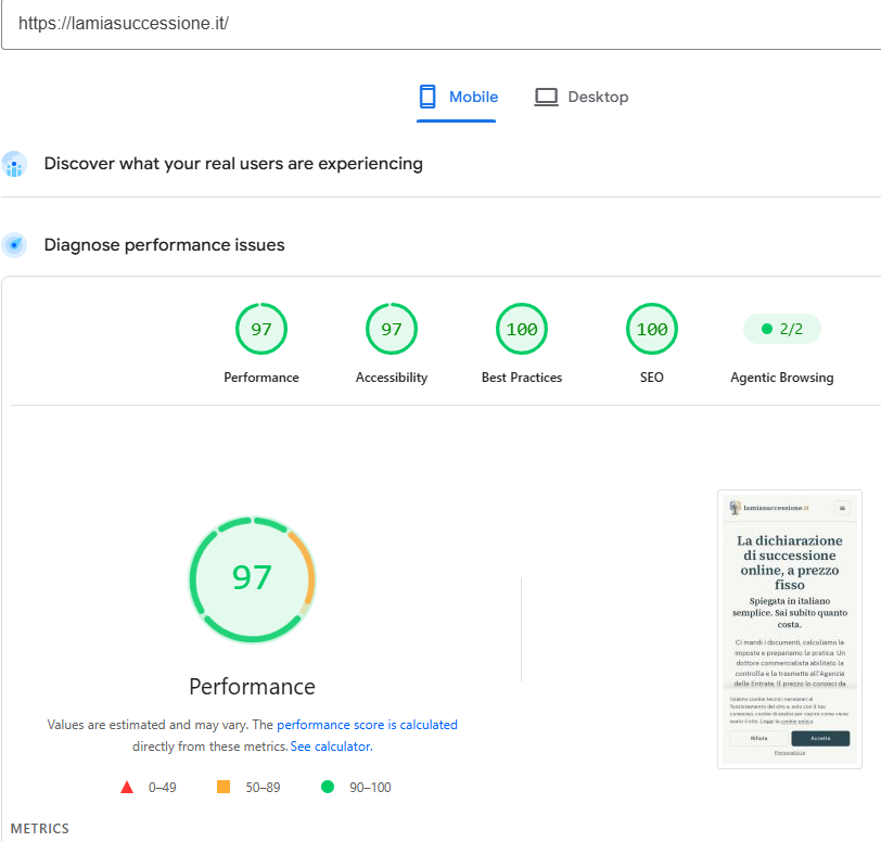 Screenshot PageSpeed Insights di lamiasuccessione.it, sviluppato da Bononia Digital: punteggio Performance 97