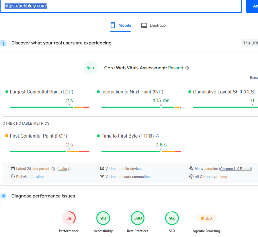 Screenshot PageSpeed Insights di pebblely.com, sito costruito con Lovable: punteggio Performance 39