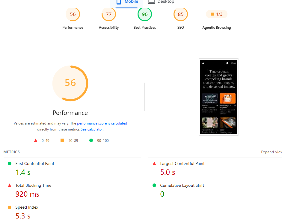Screenshot PageSpeed Insights di tractorbeam.com, sito costruito con Wix Studio: punteggio Performance 56